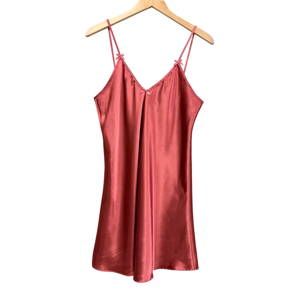 Nicolette New York Vintage Satin Nightgown Large Rose Pink Bow Spaghetti Strap